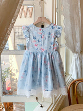 Blossori Young Girls Spring/Summer French Elegant Blue Floral Woven Patchwork Mesh Waisted A-Line Tank Dress